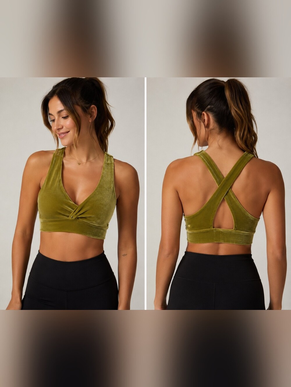 Fabletics Olive Green Velvet Cross Back Sports Bra Small Twist Front Low Impact
